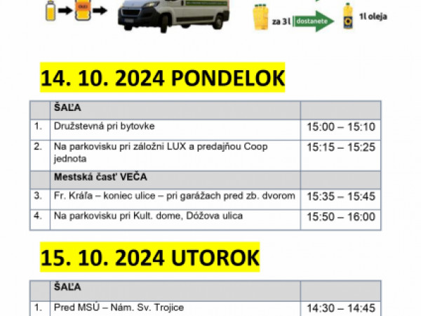 PRIPOMÍNAME: Mobilný zber použitých kuchynských olejov a tukov