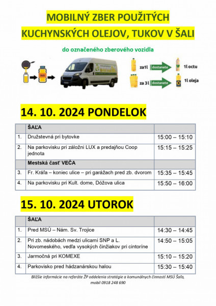 PRIPOMÍNAME: Mobilný zber použitých kuchynských olejov a tukov