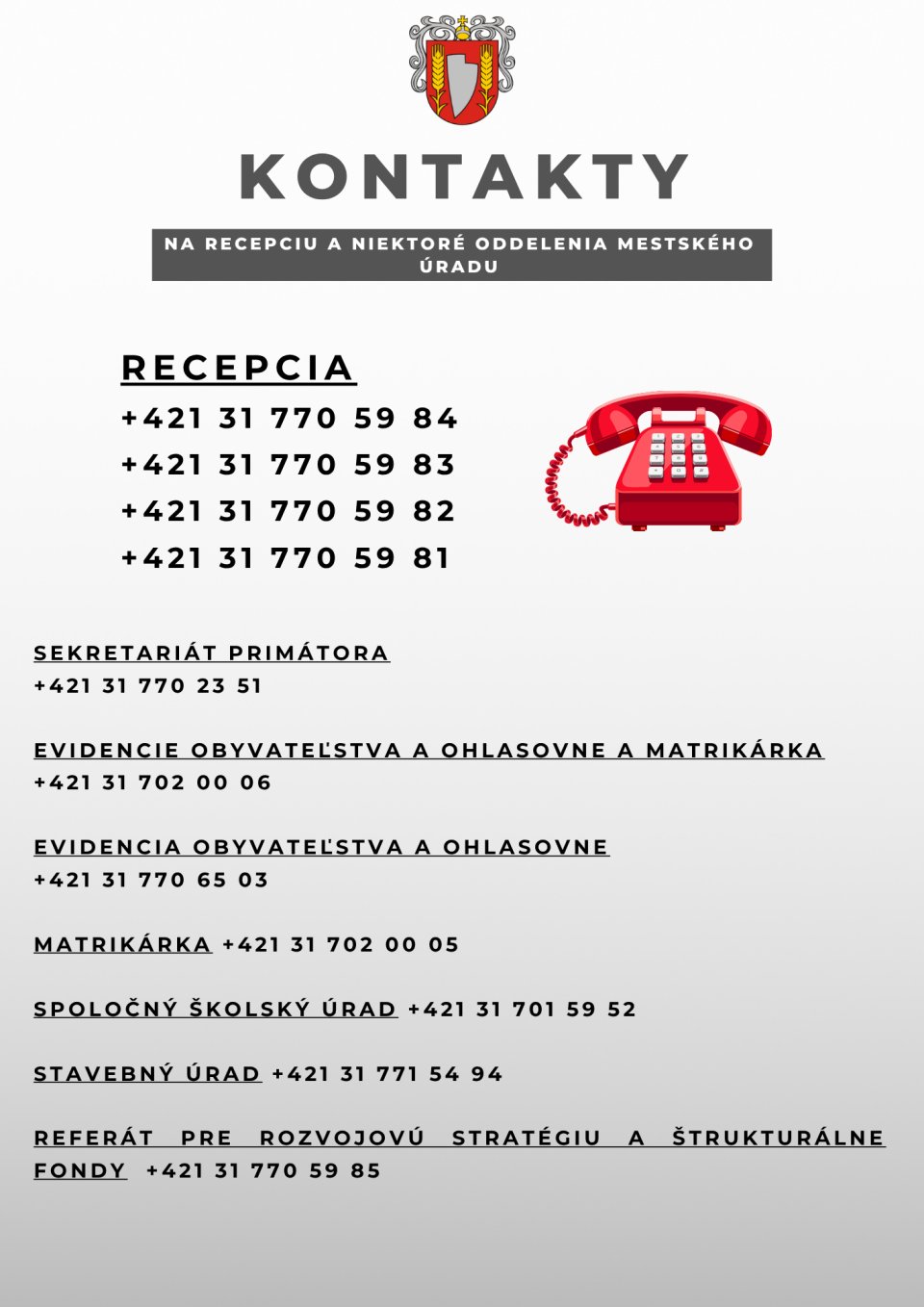 Dôležitá informácia ohľadne kontaktov Mestského úradu v Šali
