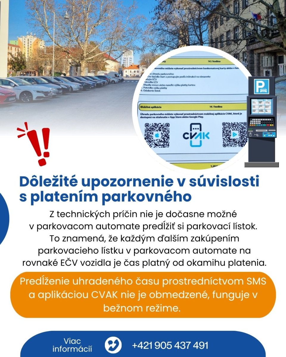 UPOZORNENIE V SÚVISLOSTI S PLATENÍM PREDĹŽENIA PARKOVNÉHO