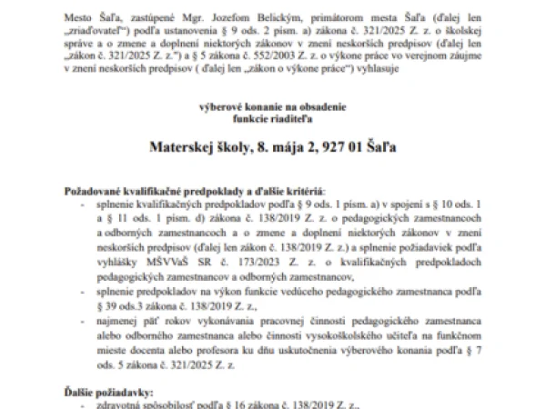 Výberové konanie riaditeľ/ka Materskej školy, 8. mája 2, 927 01 Šaľa