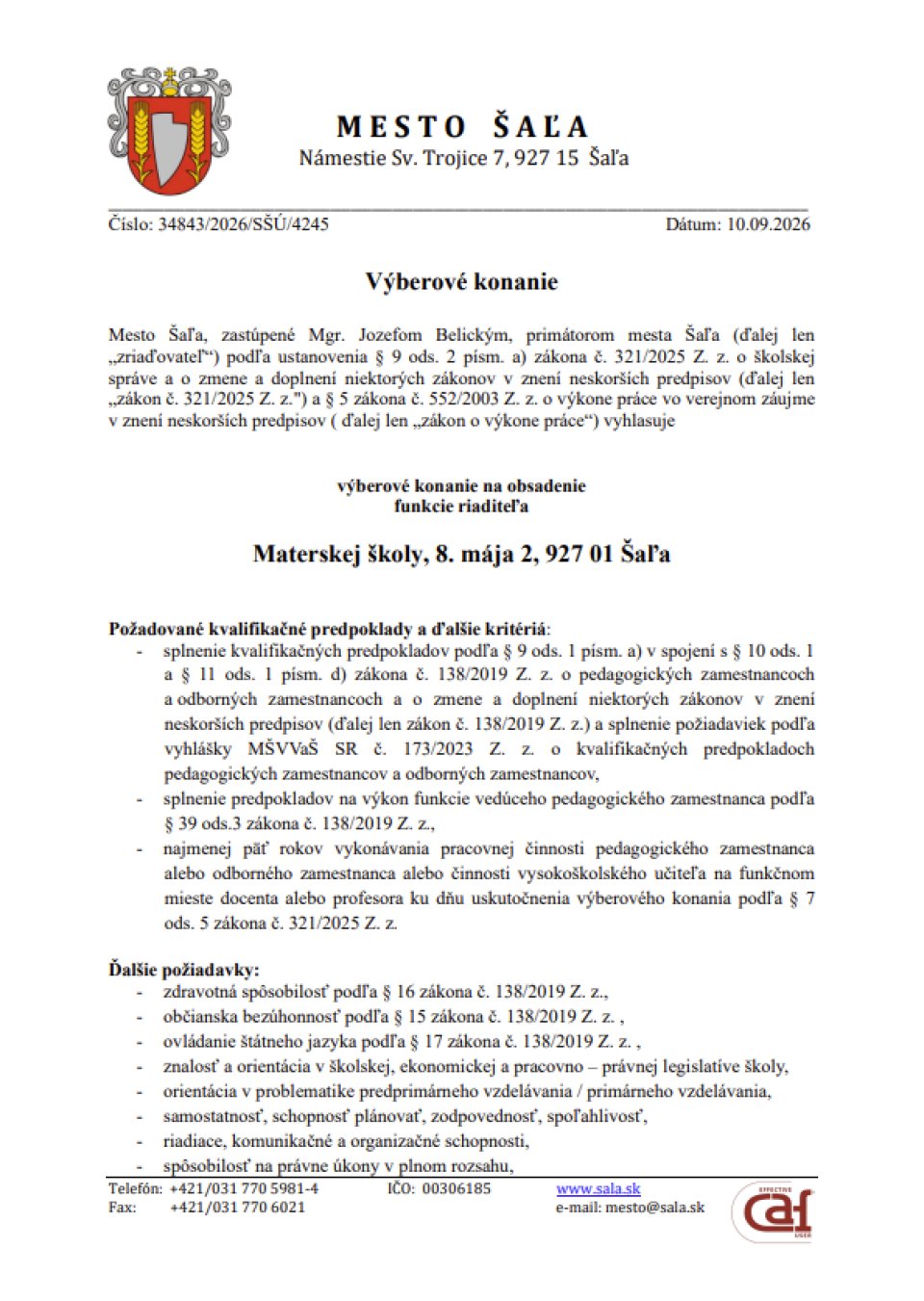 Výberové konanie riaditeľ/ka Materskej školy, 8. mája 2, 927 01 Šaľa