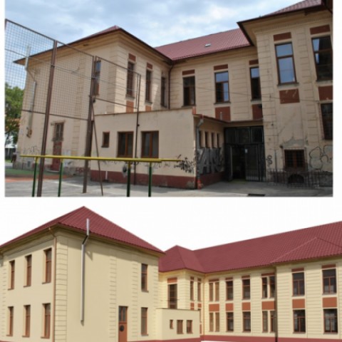 pohľad z dvora a vizualizácia po obnove fasády